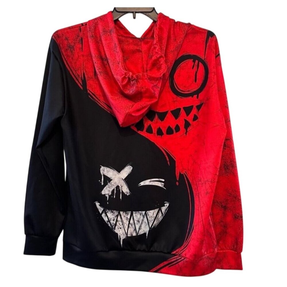 Mens Red & Black Graphic Hoodie With Smiling Faces Design Size L Polyester & Spa - Picture 3 of 9